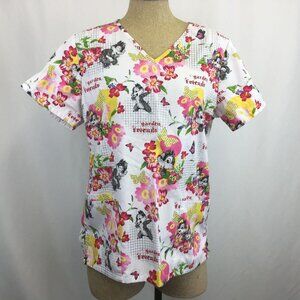 Disney Chip N Dale Garden Friends Floral Scrub Top Womens Small